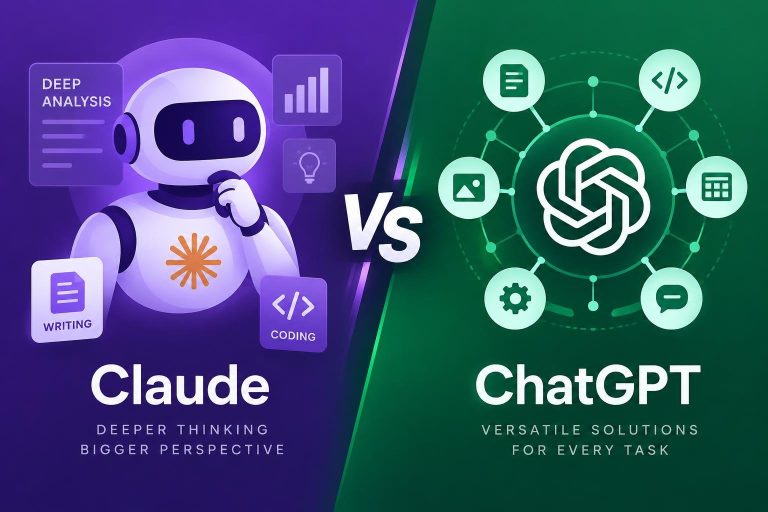 Illustration vectorielle comparant Claude et ChatGPT avec leurs logos et icônes d'usage sur fond bicolore violet et vert.