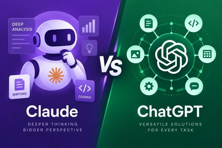 Illustration vectorielle comparant Claude et ChatGPT avec leurs logos et icônes d'usage sur fond bicolore violet et vert.
