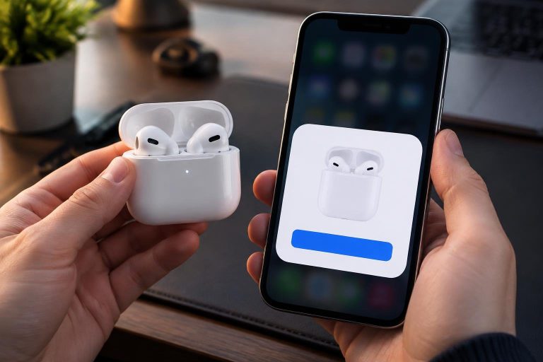 Écouteurs AirPods dans leur boîtier ouvert à côté d'un smartphone affichant la fenêtre de connexion AirPod.