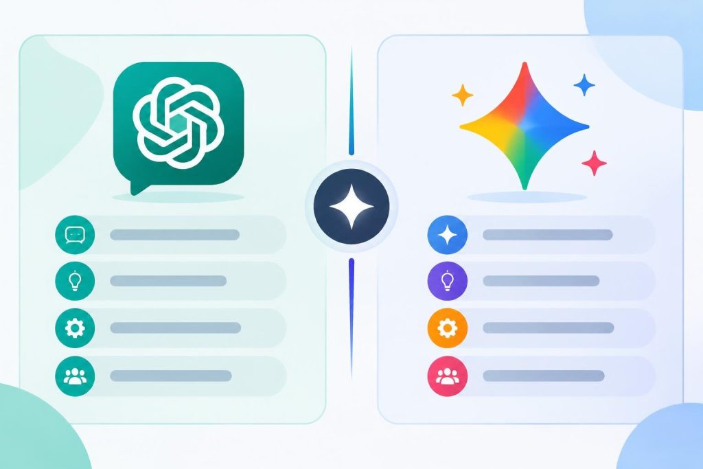 Illustration vectorielle comparant les interfaces de ChatGPT et Gemini avec un badge VS central et des icônes distinctives pour chaque IA.