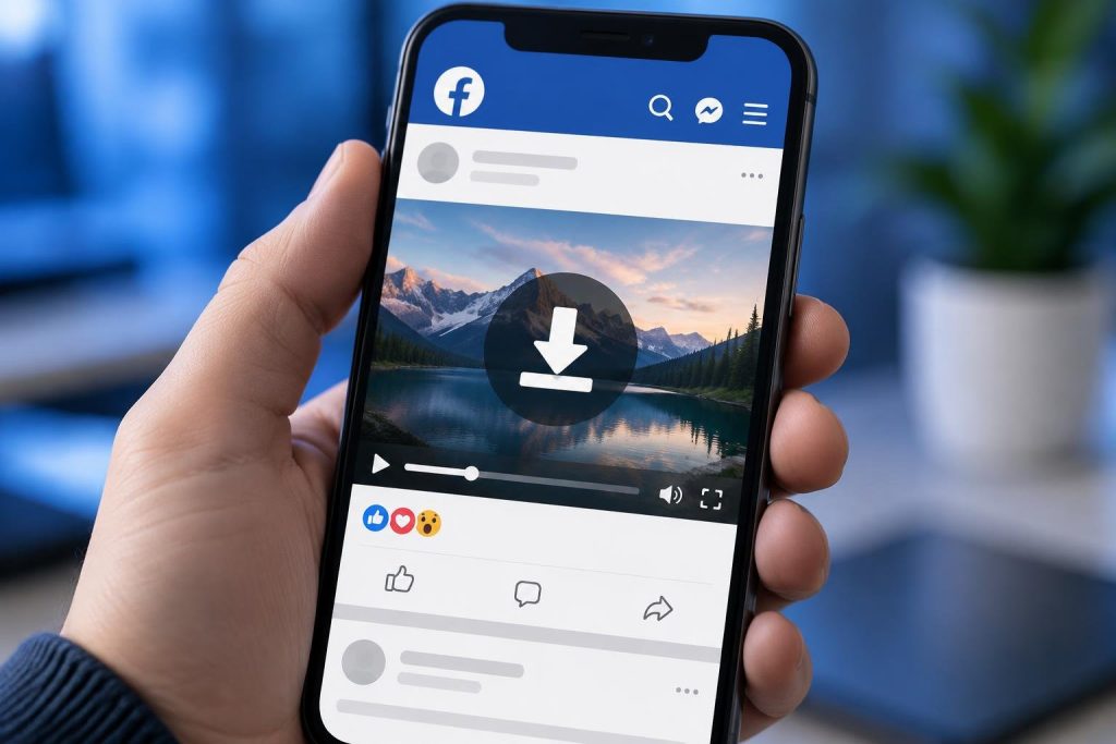 Main tenant un smartphone affichant l'interface Facebook avec une icône de téléchargement superposée sur fond bleu.